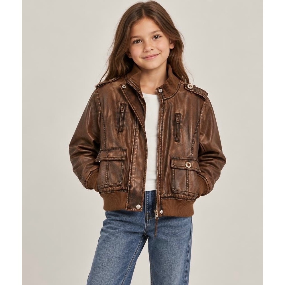Beverly Hills Polo Club Girls Brown Faux Leather Bomber Jacket Size 14/16